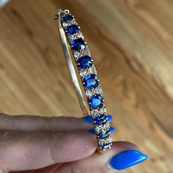 Antique Golden Cushion Cut Blue Sapphire Bracelet 925 Sterling Silver - Picture 3 of 4